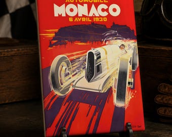 Vintage Monaco Grand Prix Ceramic Tile/Ornament, Classic Racing Posters, Formula Motorsport Gift, Garage Decor - 1930's Collection