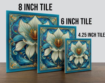 Art Nouveau, 1920s Style Floral Design #54 on a Glossy Ceramic Decorative Tile - Ocean Dream Palette: Navy Blue, Sky Blue & Ssandy Beige