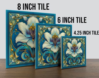 Art Nouveau, 1920s Style Floral Design #53 on a Glossy Ceramic Decorative Tile - Ocean Dream Palette: Navy Blue, Sky Blue & Ssandy Beige