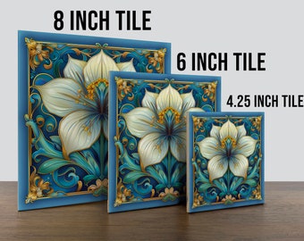 Art Nouveau, 1920s Style Floral Design #55 on a Glossy Ceramic Decorative Tile - Ocean Dream Palette: Navy Blue, Sky Blue & Ssandy Beige