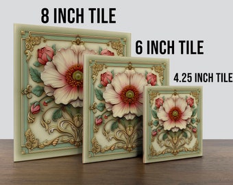 Art Nouveau, 1920s Style Floral Design #80 on a Glossy Ceramic Decorative Tile - Vintage Rose Palette: Dusky Pink, Taupe, Sage Green & Ivory