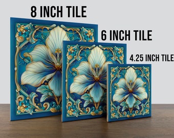 Art Nouveau, 1920s Style Floral Design #56 on a Glossy Ceramic Decorative Tile - Ocean Dream Palette: Navy Blue, Sky Blue & Ssandy Beige