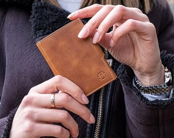 Cartera de cuero delgada de grano completo, cartera minimalista unisex con bloqueo RFID triple hecho a mano con soporte para tarjeta de crédito, bolsillo frontal, Toscana
