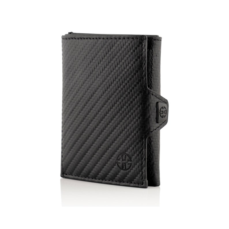 May include: A black leather wallet with a carbon fiber pattern. The wallet has a flap closure and a small logo on the front.