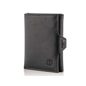 May include: A black leather wallet with a flap closure and a small logo on the front.