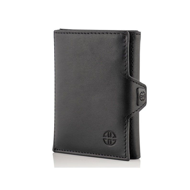 May include: A black leather wallet with a flap closure and a small logo on the front.