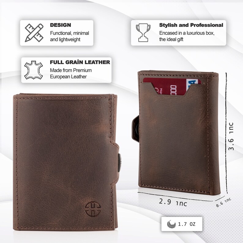 May include: Brown leather wallet with a snap closure and a metal logo. The wallet is 3.6 inches tall, 2.9 inches wide, and 0.6 inches thick. It weighs 1.7 ounces.