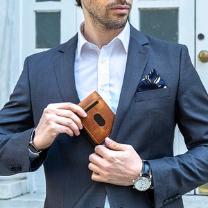 Cartera de cuero fina plegable con bloqueo RFID, bolsillo frontal artesanal con monedero para hombre, cartera de cuero de plena flor hecha a mano, regalo, Trento