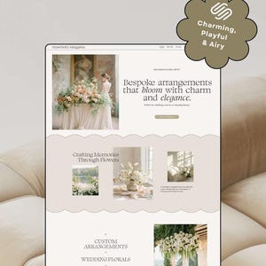 Può includere: Design del sito web con composizioni floreali. Il sito include il testo "Bespoke arrangements that bloom with charm and elegance." Altre sezioni includono "Crafting Memories Through Flowers", "Custom Arrangements" e "Wedding Florals."