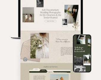 Op de afbeelding: Een laptop en smartphone tonen een website voor trouwfotografie met een zacht, neutraal kleurenpalet. De website bevat afbeeldingen van stellen, de tekst "Soft Documentary Wedding Photography" en de zin "Explore Our Services."