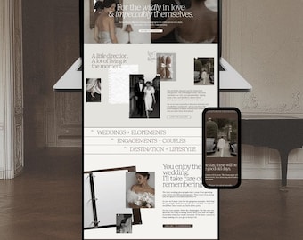 Op de afbeelding: Een website-interface weergegeven op een laptop- en smartphonescherm met fotografiediensten. De lay-out bevat tekst zoals For the wildly in love, Weddings + Elopements en Hi, I'm Mara, naast diverse zwart-wit trouwfoto's en afbeeldingen.