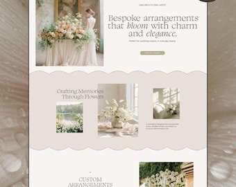 Op de afbeelding: Een Squarespace-websitetemplate genaamd Strawberry Margarita met een neutraal kleurenpalet, schreeflettertypen en meerdere secties met bloemenfotografie, servicecategorieën en een persoonlijke introductie voor een bloemist.