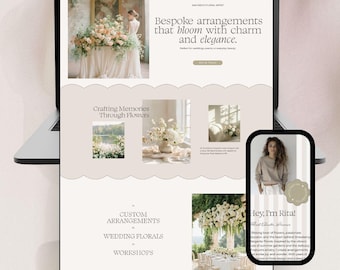 Op de afbeelding: Een digitale Squarespace-websitetemplate met de tekst Studio Bressi en Squarespace Website Template. De lay-out bevat bloemenfotografie, secties met de titels Bespoke arrangements that bloom with charm and elegance en Hey, I'm Rita, en toont een responsief ontwerp voor desktop- en mobiele schermen.