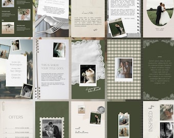 Op de afbeelding: Een verzameling trouwthema briefpapier en sjablonen, met een verscheidenheid aan lay-outs met foto's, tekst en decoratieve elementen. Het kleurenpalet bevat tinten groen, beige en wit, met een focus op elegant design en fotografie.