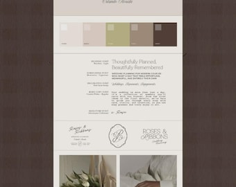 Op de afbeelding: Een ontwerp voor een huwelijksplanning met de tekst "ROSES & RIBBONS" in elegante typografie. Het ontwerp bevat een kleurenpalet, lettertypevoorbeelden en een logo, met de woorden "wedding planning" en "Orlando Florida".
