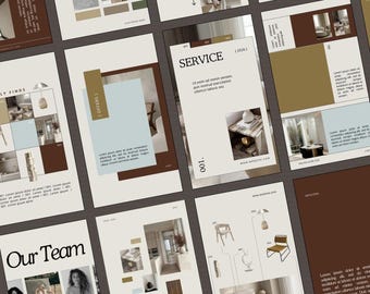Op de afbeelding: Een verzameling conceptborden voor interieurontwerp met verschillende lay-outs en afbeeldingen. De borden bevatten tekst zoals "Project Reveal", "Service" en "Our Team". Het kleurenpalet omvat beige, bruine en blauwe tinten, met afbeeldingen van meubels en decor.