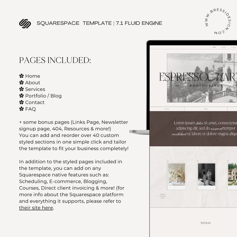 May include: A laptop screen displaying a website template for a photography business. The website is called "Espresso Mart Photography" and features a black and white photo of a couple in front of a building. The text "PAGES INCLUDED" is displayed on the left side of the screen, listing the pages included in the template.