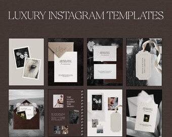 Op de afbeelding: Een set digitale Instagram-sjablonen op een donkerbruine achtergrond met witte tekst LUXURY INSTAGRAM TEMPLATES en STUDIO BRESSI. De sjablonen bevatten diverse lay-outs met enveloppen, kaarten en foto's in neutrale tinten.