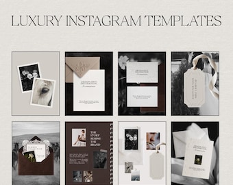 Op de afbeelding: Een digitale collectie van luxe Instagram-sjablonen met een spiraalgebonden lay-out. Het ontwerp bevat diverse briefpapier-elementen zoals enveloppen, kaarten en labels met tekst zoals LUXURY INSTAGRAM TEMPLATES en STUDIO BRESSI.