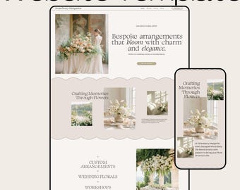 May include: A website template for a floral design business. The website features images of floral arrangements, a description of the business, and a call to action to learn more. The text on the website reads "Bespoke arrangements that bloom with charm and elegance." and "Crafting Memories Through Flowers".