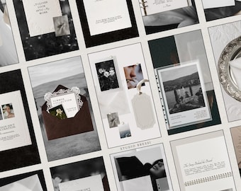 Op de afbeelding: Een verzameling marketingmaterialen met witte kaarten met reliëfranden, donkerbruine enveloppen, spiraalgebonden planners en zwart-witfoto's. De tekst bevat zinnen zoals Design Isn't Decoration, Create With Confidence en Summer Collection.