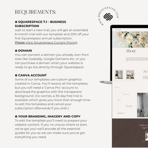 May include: A graphic design website template with a white background and black text. The text includes the words "Requirements", "Squarespace 7.1 - Business Subscription", "Domain", "Canva Account", and "Your Branding, Imagery and Copy".