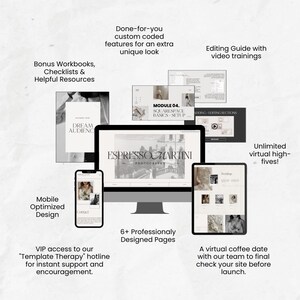 May include: A computer screen displaying a website design template for a photography business. The website design is modern and minimalist with a black and white color scheme. The website is called "Espresso Martini Photography".