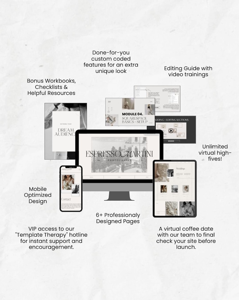 May include: A computer screen displaying a website design template for a photography business. The website design is modern and minimalist with a black and white color scheme. The website is called "Espresso Martini Photography".