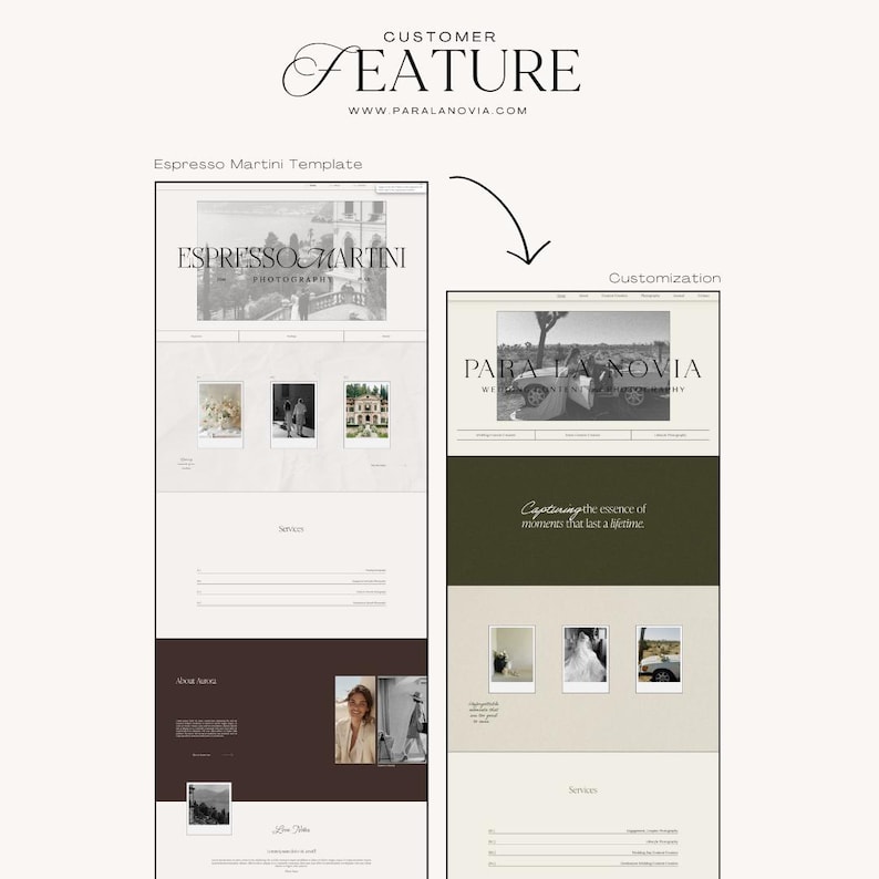 May include: A website template for wedding photographers, featuring a green background with the text "PARA LA NOVIA" and the tagline "Capturing the essence of moments that last a lifetime." The template also includes a black and white photo of a couple in a car.