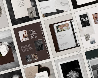 Op de afbeelding: Een collectie van 60 Instagram-sjablonen met een mix van donkerbruine en crèmekleurige lay-outs, waaronder spiraalgebonden notitieboekjes, enveloppen en fotolijsten. De ontwerpen bevatten bloemafbeeldingen, minimalistische typografie en teksten zoals A Closer Look Into My Work, The Story Behind The Brand en Designed Around You.