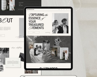 May include: A website design for a wedding photographer, featuring a black and white photo of a couple in a modern style. The website design includes the text "Capturing the Essence of Your Treasured Moments" and "Squarespace Template | 7.1 Fluid Engine".