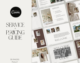 Op de afbeelding: Een 30 pagina's tellende service- en prijsgids voor fotografen, gemaakt in Canva. De gids bevat secties voor zwangerschaps- en portretfotografie, koppels en verlovingen, bruiloften en elopements, en een welkomstsectie. De gids is volledig bewerkbaar in Canva.