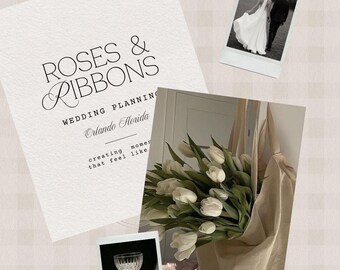 Op de afbeelding: Een compositie met een bruiloftthema. Bevat een kaart met de tekst "Roses & Ribbons Wedding Planning Orlando Florida", een zwart-witfoto van een stel, een boeket witte tulpen in een beige draagtas en een champagneglas.