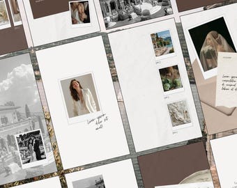 Op de afbeelding: Een verzameling lay-outs met een bruiloftthema met een neutraal kleurenpalet. De lay-outs bevatten foto's, tekst en ontwerpelementen. De tekst bevat de woorden "LOVE LETTER" en "OFFERS". De afbeeldingen zijn in zwart-wit en kleur.