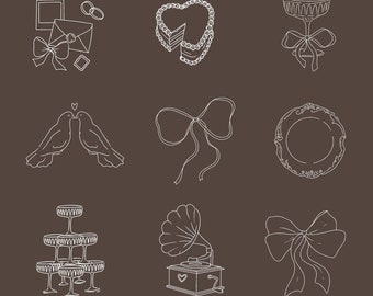 May include: A set of nine white line drawings of wedding-themed illustrations. The illustrations include a cake, a bird couple, a record player, a champagne fountain, a bow, a plate, a ring, an envelope, and a glass.