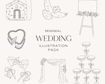 May include: A set of 20 black and white minimalist wedding illustrations. The illustrations include a church, a dove, an easel with flowers, a cake, champagne flutes, an archway with flowers, and a tiered cake stand.