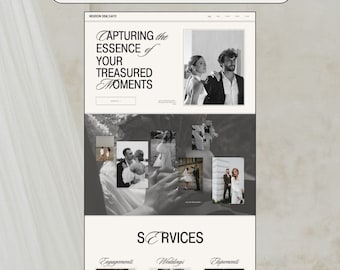May include: A website for a wedding photographer, featuring a black and white photo of a couple embracing. The website text reads "Capturing the Essence of Your Treasured Moments" and "Services: Engagements, Weddings, Elopements".