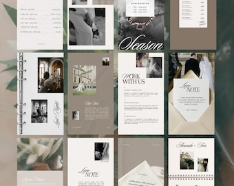 Op de afbeelding: Een verzameling ontwerpsjablonen met een bruiloftthema in een neutraal kleurenpalet. De sjablonen bevatten tekst zoals "Travel Dates", "Wedding Season" en "Love Note", samen met fotografische elementen en bloemaccenten.