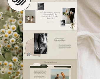 Op de afbeelding: Een website template design met de tekst "Website Template" en "Romantic Squarespace Template for Wedding Pros". Het ontwerp bevat voorbeeldfoto's en tekst, met een logo in de linkerbovenhoek. De website is ontworpen voor trouwfotografen.