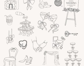 May include: A set of 20 black and white wedding illustrations, including a chapel, dove, champagne flutes, cake, rings, key, chair, shoes, and more. The illustrations are in a minimalist style and are perfect for use in wedding invitations, stationery, and other wedding-related projects.