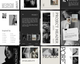 Op de afbeelding: Een verzameling design layouts in grijstinten, met tekst en afbeeldingen. De layouts bevatten secties met de labels "Over onze studio", "Service", "Project" en "Portfolio". De designelementen bevatten afbeeldingen van mensen en objecten.