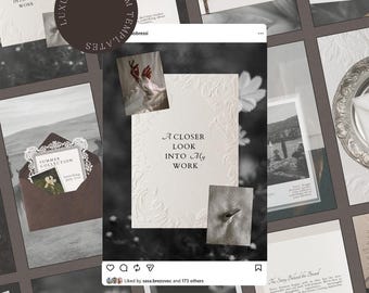 Op de afbeelding: Een verzameling digitale Instagram-sjablonen met witte, getextureerde papieren kaarten met in reliëf gemaakte bloemenranden en zwarte schreefletters. De ontwerpen bevatten zinnen zoals A Closer Look Into My Work en Create With Confidence in een raster.