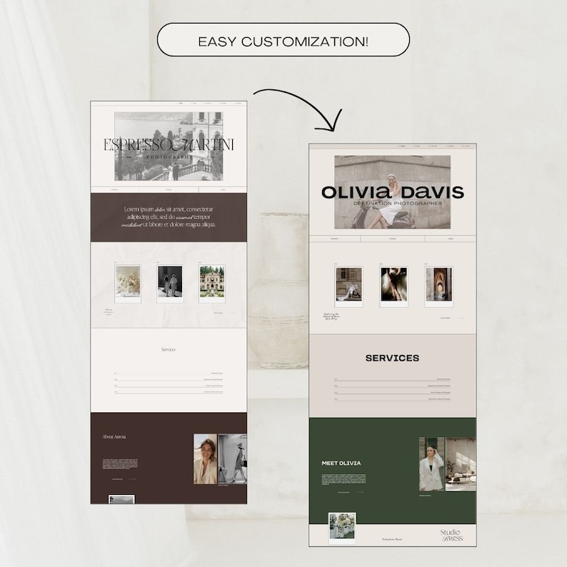 May include: A website mockup for a destination photographer named Olivia Davis. The website features a light brown background with a green section that says "Meet Olivia". The website also features a section that says "Services".