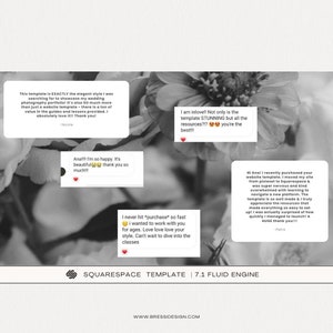 May include: A collage of customer testimonials about a Squarespace website template. The testimonials highlight the template's ease of use, beautiful design, and helpful resources. The text includes phrases like "I'm so happy", "I am inlove", "I never hit purchase so fast", and "I was actually surprised of how quickly I managed to launch!"