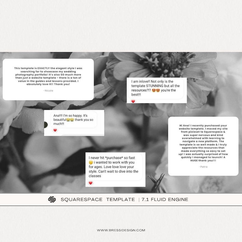 May include: A collage of customer testimonials about a Squarespace website template. The testimonials highlight the template's ease of use, beautiful design, and helpful resources. The text includes phrases like "I'm so happy", "I am inlove", "I never hit purchase so fast", and "I was actually surprised of how quickly I managed to launch!"