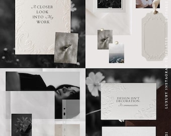 Op de afbeelding: Een verzameling digitale social media sjablonen met crèmekleurige, getextureerde kaarten met in reliëf gemaakte bloemenranden, zwart-witfotografie en typografie, waaronder de zinnen A CLOSER LOOK INTO MY WORK en DESIGN ISN'T DECORATION.