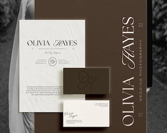 Op de afbeelding: Een briefpapier set voor Olivia Hayes Wedding Photography. De set bevat een visitekaartje, een briefhoofd en een donkerbruine kaart met de initialen "OH". De tekst "Olivia Hayes Wedding Photography" wordt weergegeven in een stijlvol lettertype.