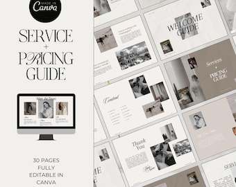 Op de afbeelding: Een 30-pagina service- en prijsgids sjabloon voor bedrijven. De sjabloon is volledig bewerkbaar in Canva en heeft een modern, minimalistisch ontwerp met een neutrale kleurenpalet. De gids bevat secties voor het verwelkomen van klanten, het introduceren van het team, het beschrijven van diensten en het verstrekken van prijsinformatie.