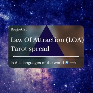 Può includere: Una grafica blu e bianca con una forma triangolare e il testo "BoujeeCat Law Of Attraction (LOA) Tarot spread In ALL languages of the world"