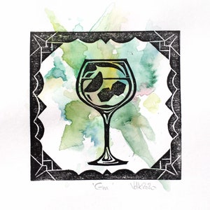 Gin Tonic Glass Art Deco Lime Green Lino Print Watercolour Square 8'' - Handmade Wall Art - Home Decor